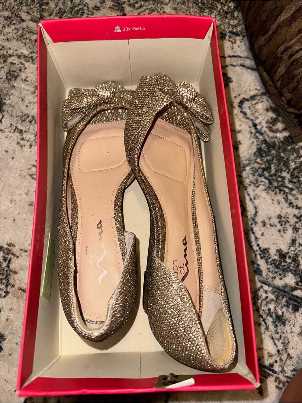 Nina Gold Pointed-Toe Flats with Bow Accent